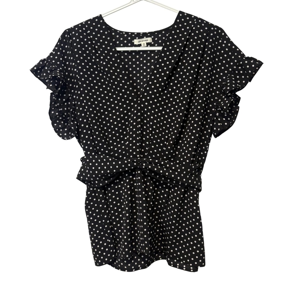 Max Studio Blouse Women M Black Polka Dot Ruffle Smocked Tie Waist Ruffle Sleeve